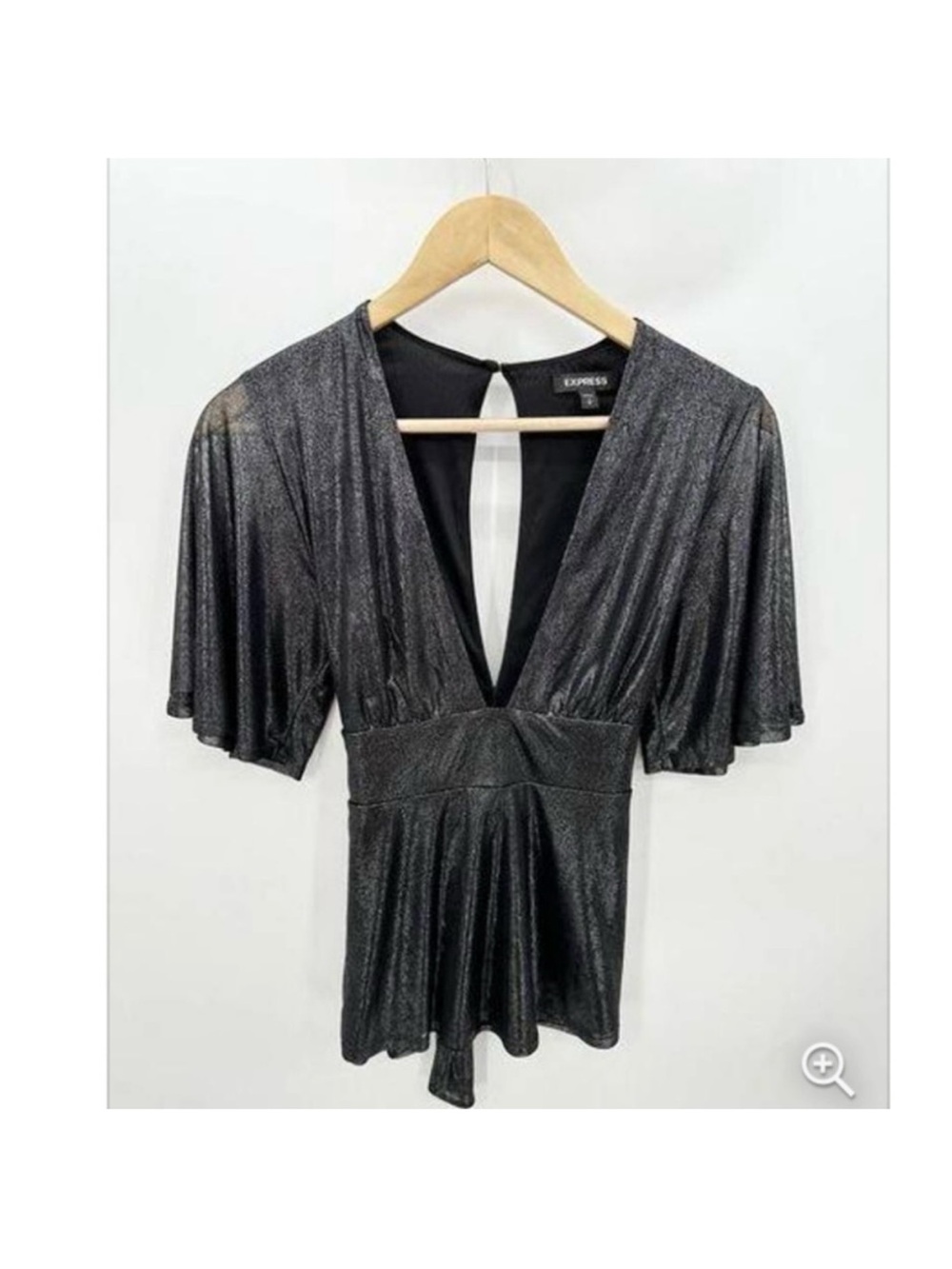 Express Women's Metallic Black V-Neck Flutter Sleeve Top